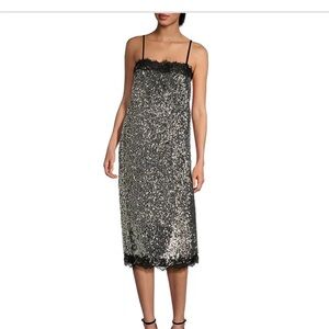 Lilly Sisto for Gianni Bini Black Lace Sequin Silver Party Cocktail MIDI Dress